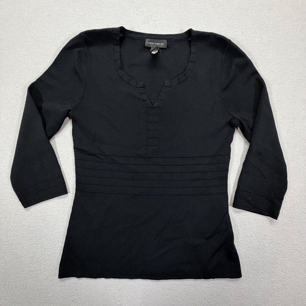 Cable & Gauge Women Top Slim Black Notched Neck 3/4 Sleeve M